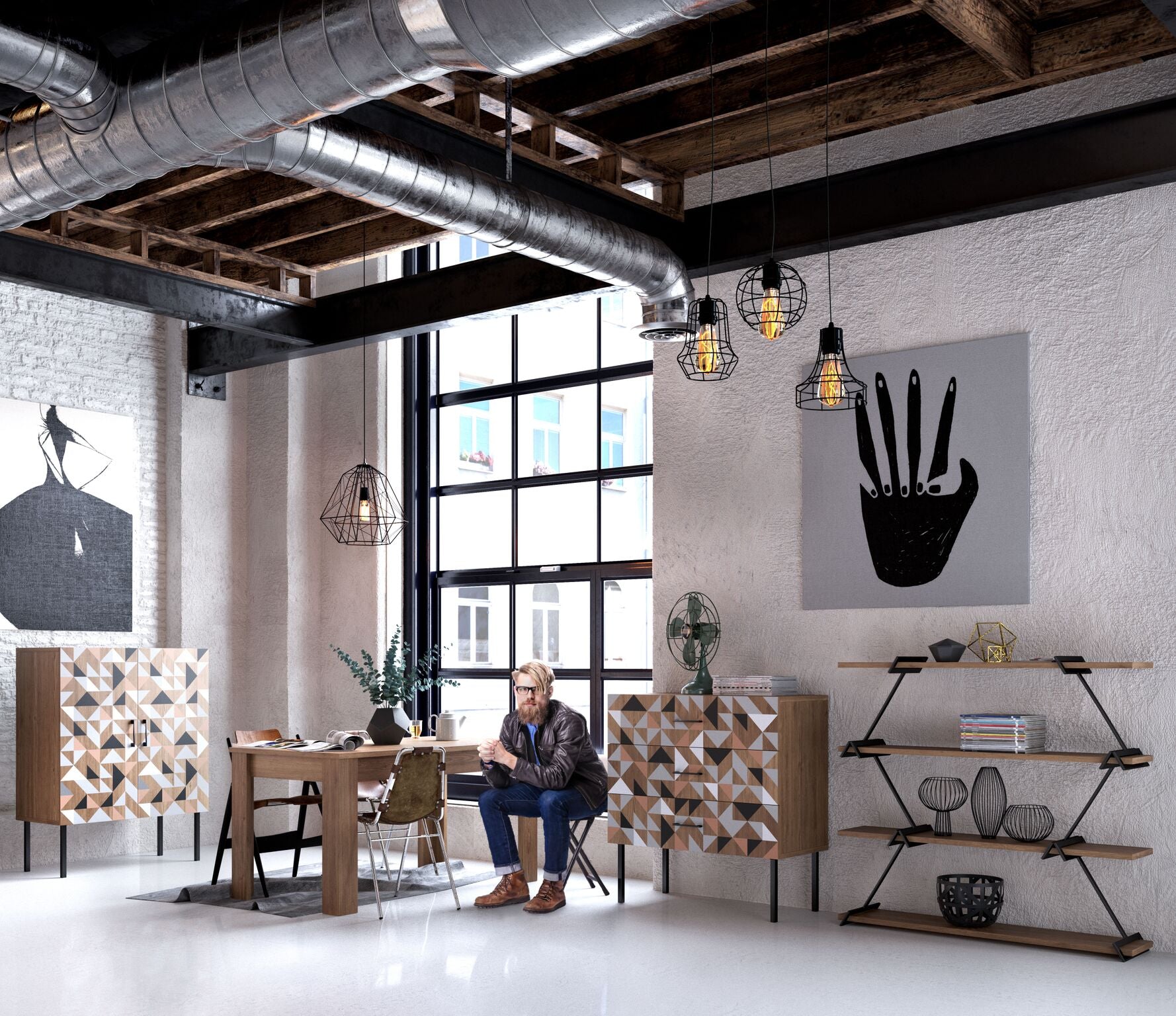 Spectral - Kommode mit 3 Schubladen mit Soft-Close, bedruckter Front, tobacco oak mit schwarz matt lackierten Metallkomponenten - einrichten-24, Kommoden & Sideboards 