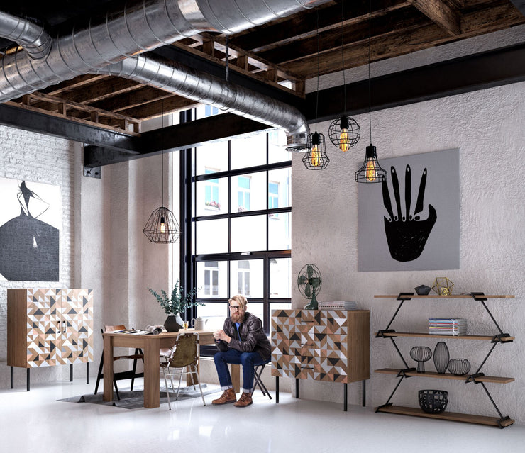 Spectral - Kommode mit 3 Schubladen mit Soft-Close, bedruckter Front, tobacco oak mit schwarz matt lackierten Metallkomponenten - einrichten-24, Kommoden & Sideboards 