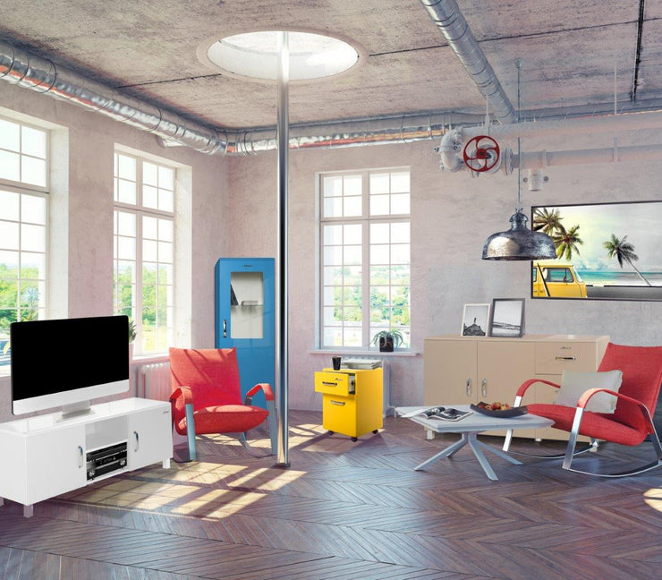 Miami - Sideboard, Kommode, Buffet mit 2 Türen mit Soft Close und 3 Schubladen mit Vollauszug und Kugellager, Autometallic Lackierung, chromfarbene Griffe, Füsse und Logo aus hochwertigem Autoschriftzug, Taupe Metallic Matt