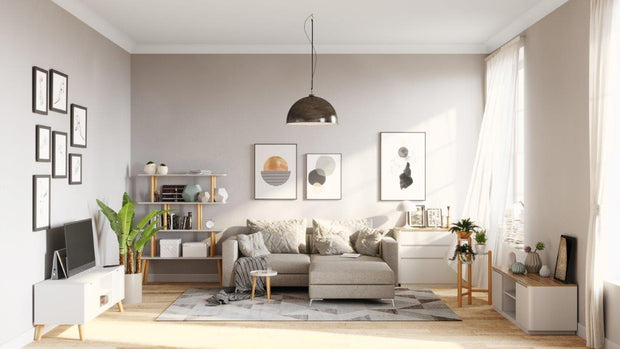 Scandi - Regal, Raumteiler, Bücherregal mit 4 weissen Böden, Massivholzfüsse, Scandi-Style - einrichten-24, Couch- & Beistelltische 