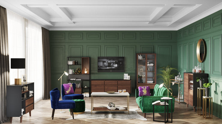 PLAYBOY - Sofa mit Fussablage "SCARLETT" gepolsterte Couch mit Bettfunktion, Samtstoff in Blau mit Massivholzfüsse, Retro-Design,Sofas & Ottomane - playboy