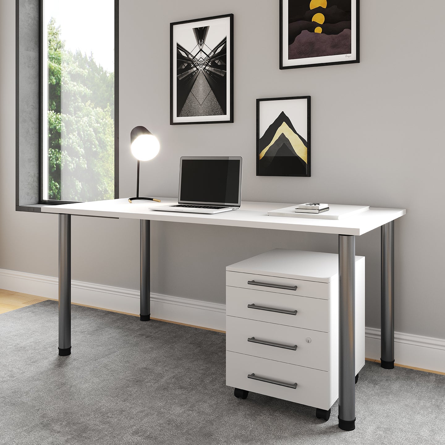 Neo - Schreibtisch, Computertisch, Sekretär, Gamingtisch, inkl  kleinem Rollcontainer, weiß